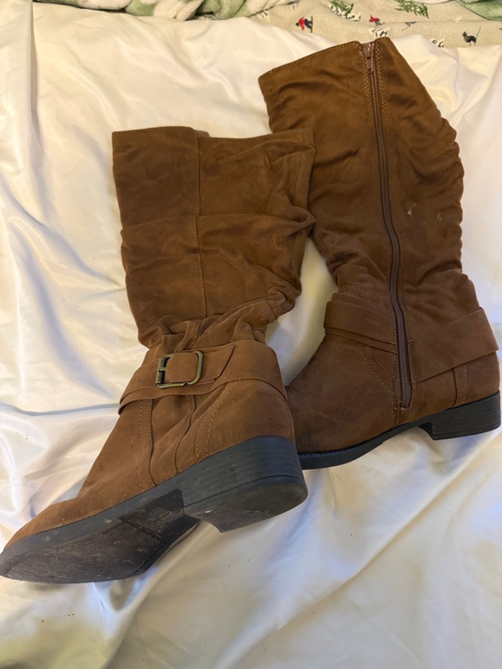 Suede-Look Brown Mid-Calf Buckle Heeled Boots